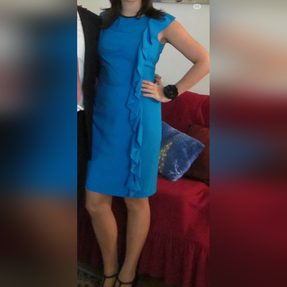 ✨️💲⬇️ Calvin Klein 4 Sheath Elegant Work Dress S Small Ruffle Front - Picture 8 of 9